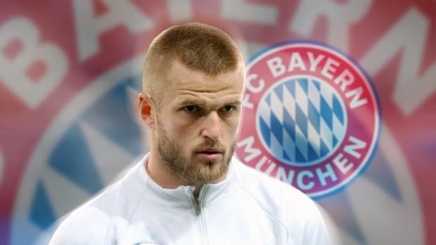 A composite image showing Eric Dier wearing a Tottenham jacket in front of a Bayern Munich logo